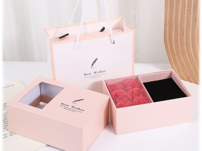 6 Red Rose Petals Perfumed Soaps Beautifully Presented Gift Box With Window Showing Red Roses Lift the Lid and Surprise Section – Displayed Your Favourite Piece Of Jewellery Or A Beautiful Piece From Our Collection Pink and Black